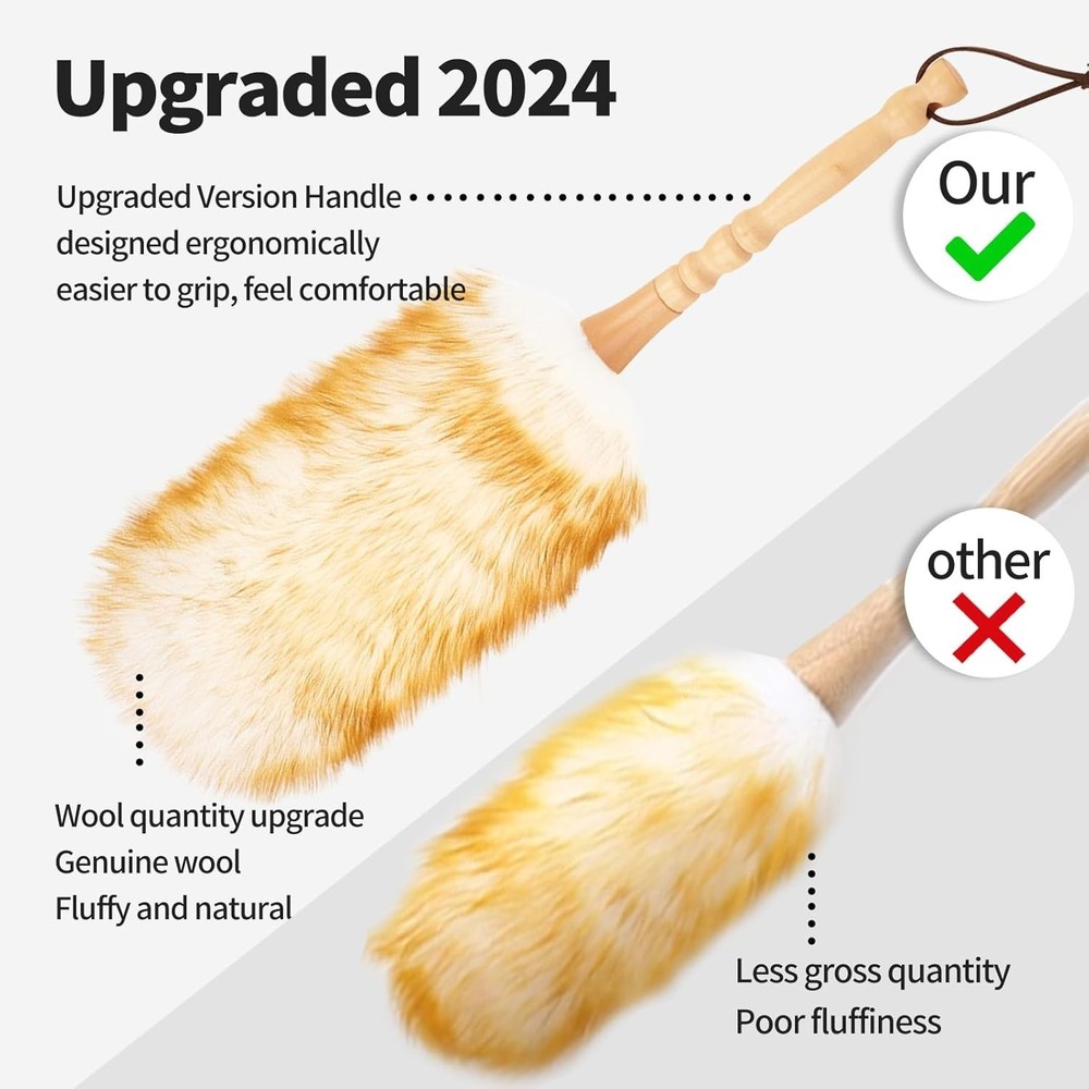 Lambswool Duster W/ Solid Wooden Handle,Leather Hang Strap,Comfortable Grips