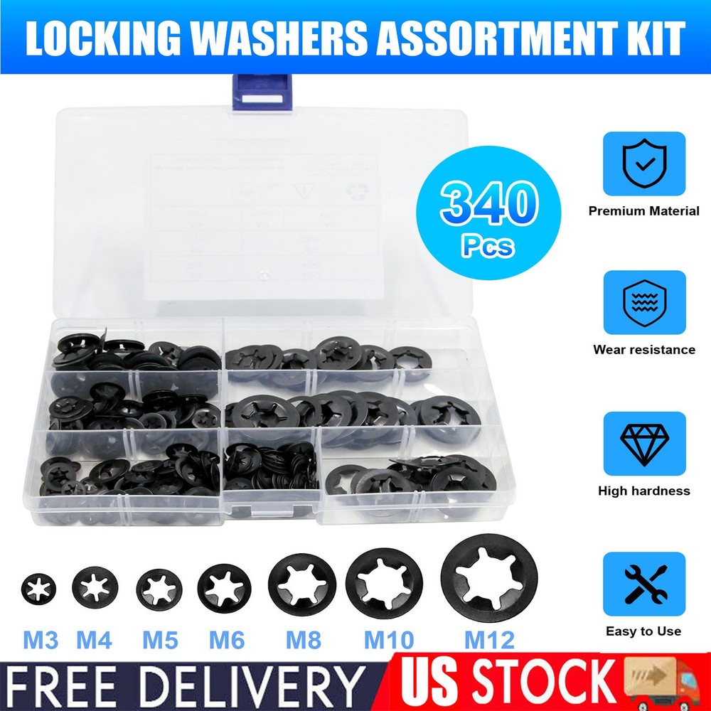 340pcs Internal Tooth Star Lock Spring Quick Washer Push On Speed Nut Assortment