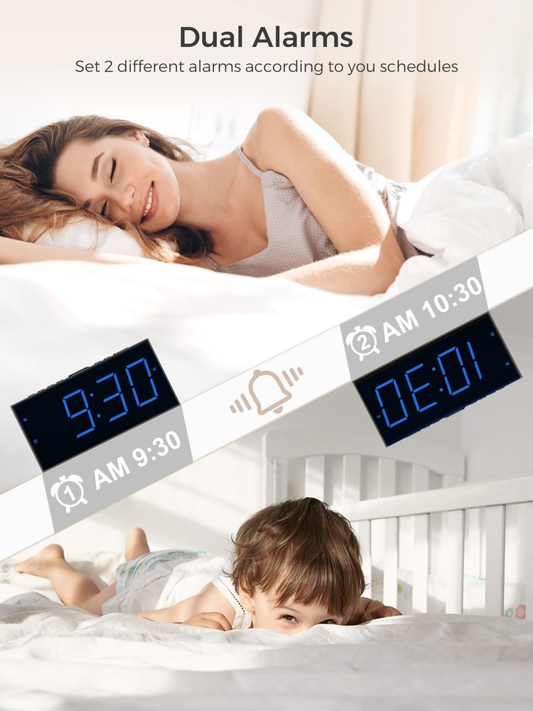 Digital Dual Alarm Clock LED Display USB Charger