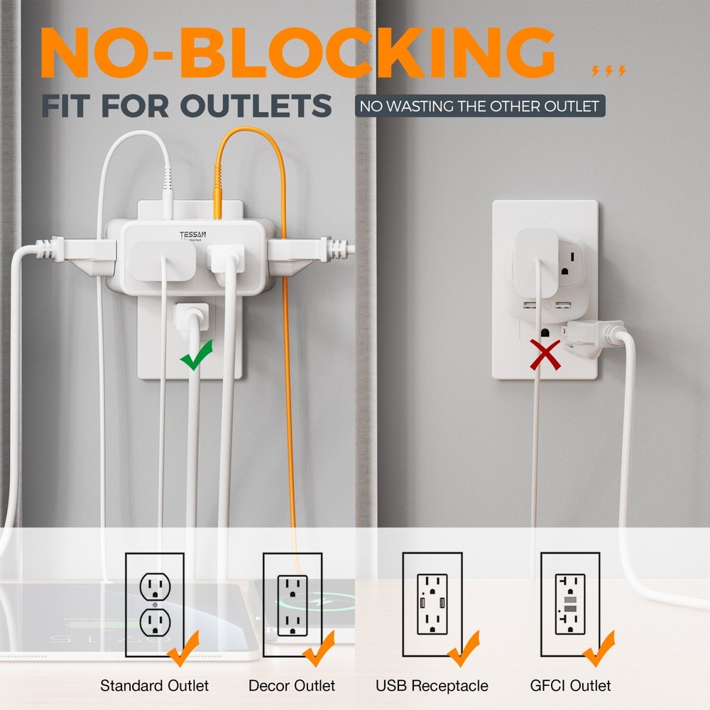 Multi Plug Outlet Extender Wall Surge Protector with 4 AC 4 USB Ports Charging