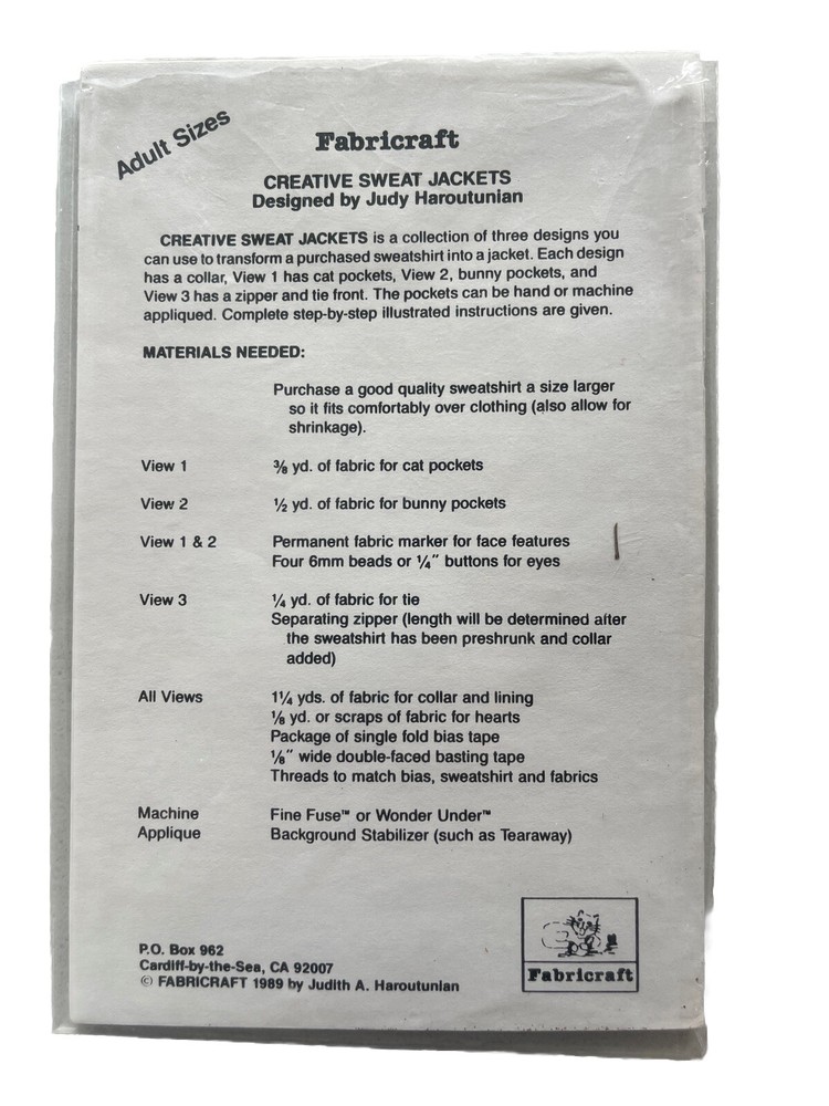 Frabricraft Craft Pattern #231 “CREATIVE SWEAT JACKETS” Uncut
