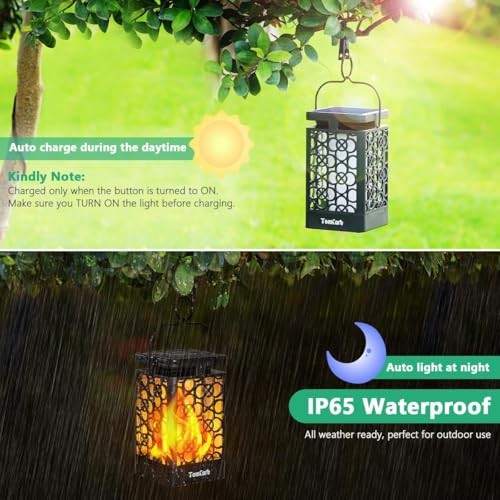 Solar Lanterns Outdoor Upgraded Flickering Flame 2 Pack Black Circle Pattern