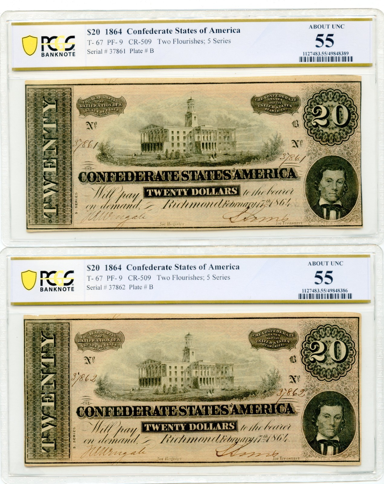 1864 $20 Confederate States of America T-67 w/ Consecutive Serial PCGS AU55-64
