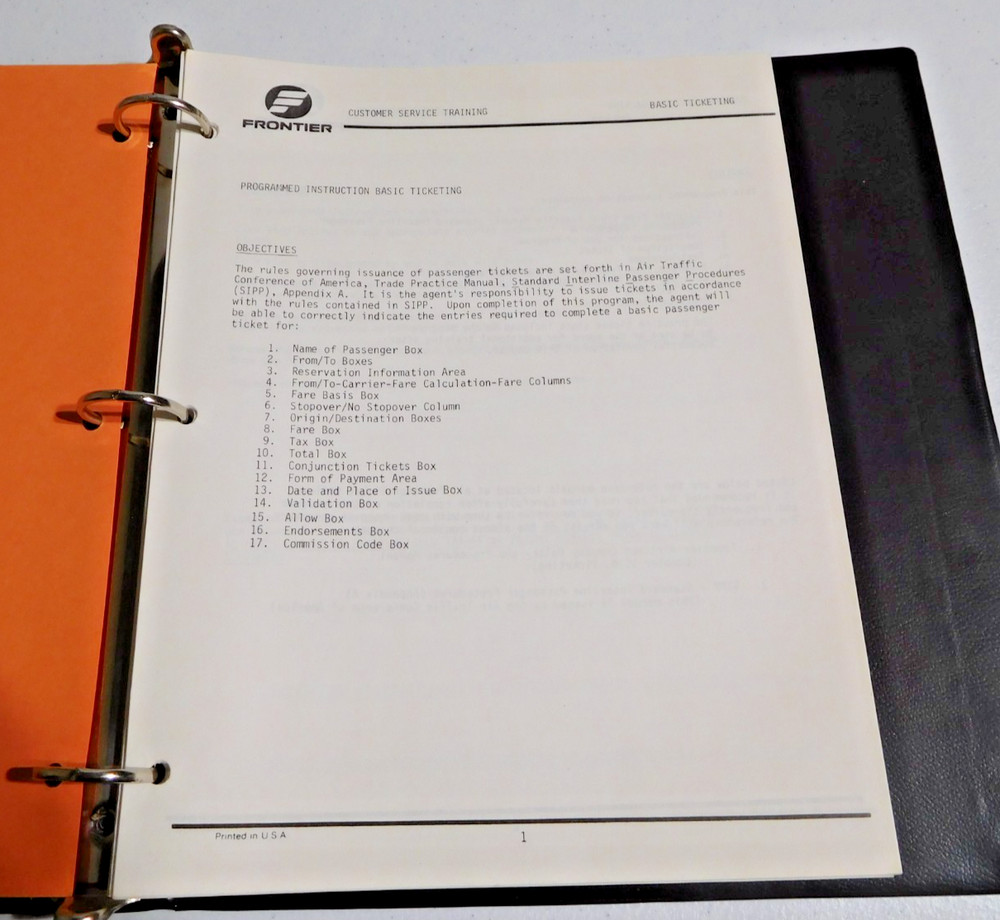 RARE VINTAGE FRONTIER AIRLINES 1982 BASIC TICKETING PROGRAMMED INSTRUCTION BOOK