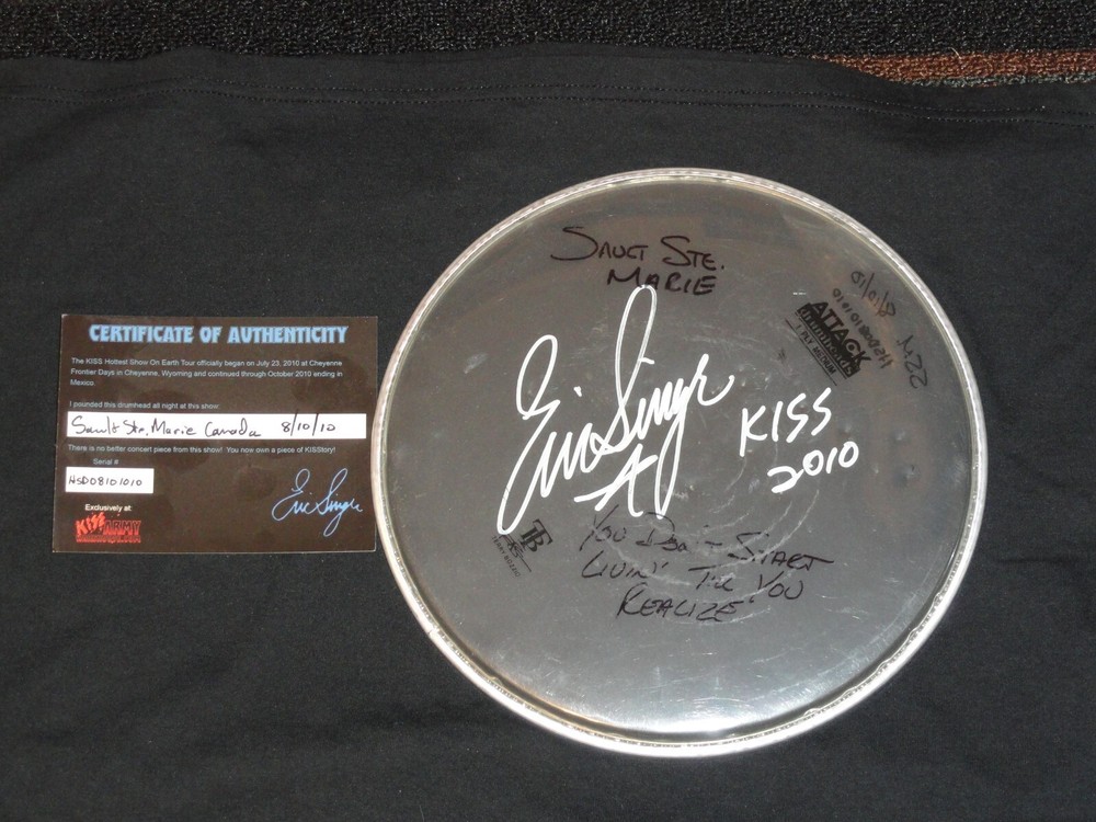 KISS ERIC SINGER Signed DRUM HEAD H.S.O.E TOUR Stage Played W/COA