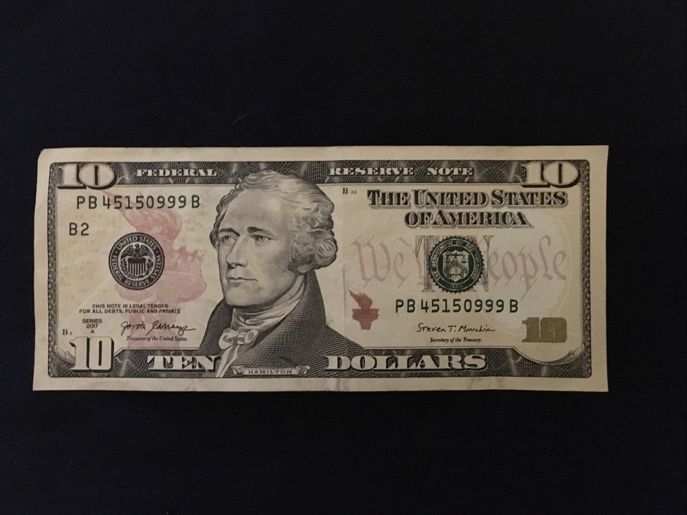 2017 $10 Error Over- Inked Serial#/ PB 45150999 B