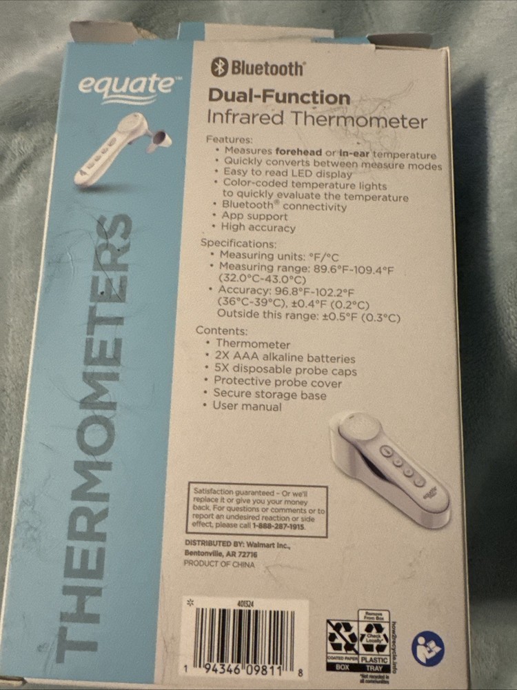 Equate Bluetooth Dual-Function Infrared Thermometer, Forehead /Ear Mode OPEN BOX