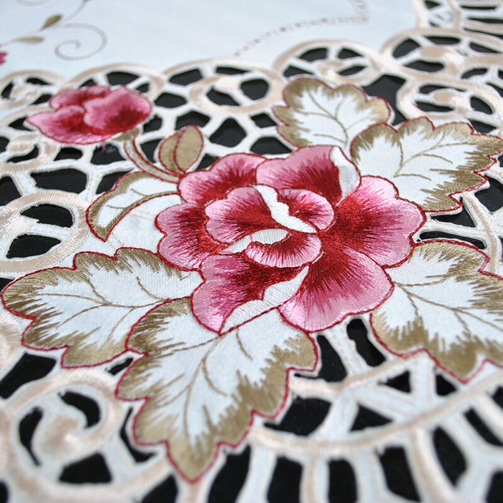White Oval Embroidered Table Runners Tablecloths Floral Table Decorations