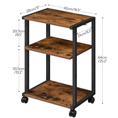 Mobile Printer Stand, 3-Tier Printer Cart Under Desk with Rustic Brown + Black
