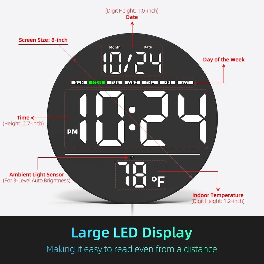 Digital LED Wall Clock w/ Large Display, Date, Temp, Auto-Brightness - 80 Charac