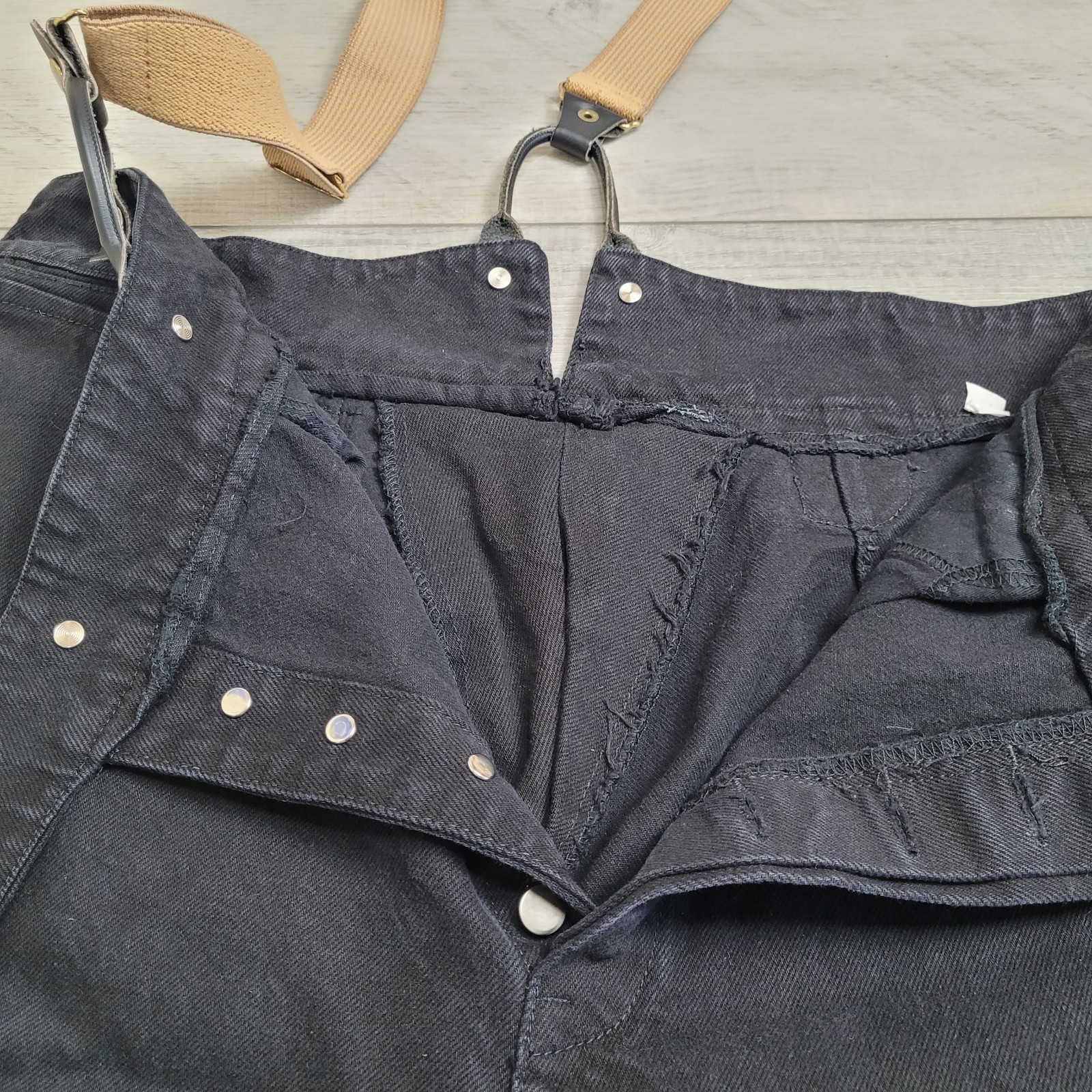 VTG Wah Maker Frontier Clothing Pants Mens 38 Black Denim Suspenders Button Fly