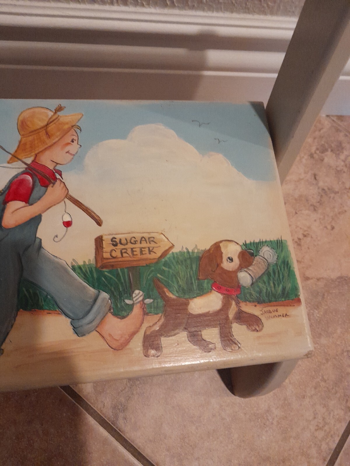 Vintage Hand Painted Childrens Chair Signed By Artist 14"x14" Puppy Boy Fishing