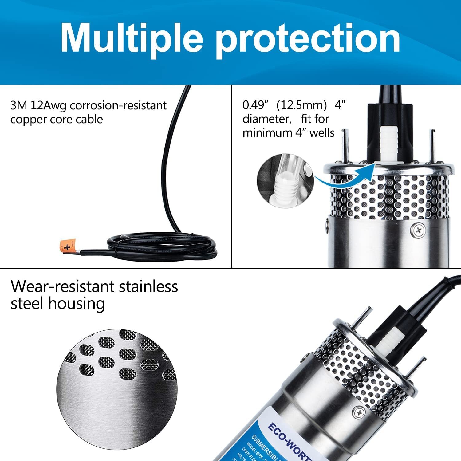 12V DC Submersible Deep Well Pump Water Pump 3.2GPM 230ft for Irrigation