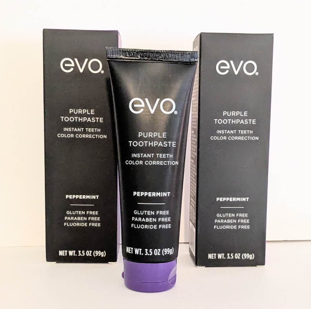 EVO Purple Fluoride Free Instant Teeth Color Toothpaste Peppermint 3.5oz 2 Tubes