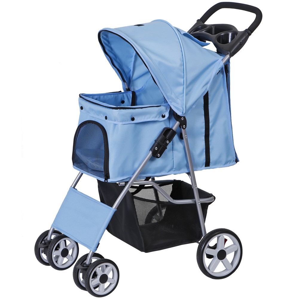 Pet Stroller Dog Cat Foldable Stroller 4 Wheel Carrier Strolling Cart Blue