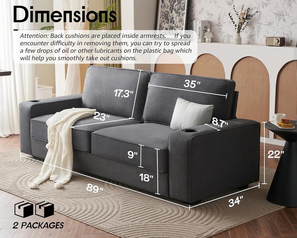 VanAcc Couch,Deep Seat Sofa with USB Charging Ports & Cup Holders,Comfy couch