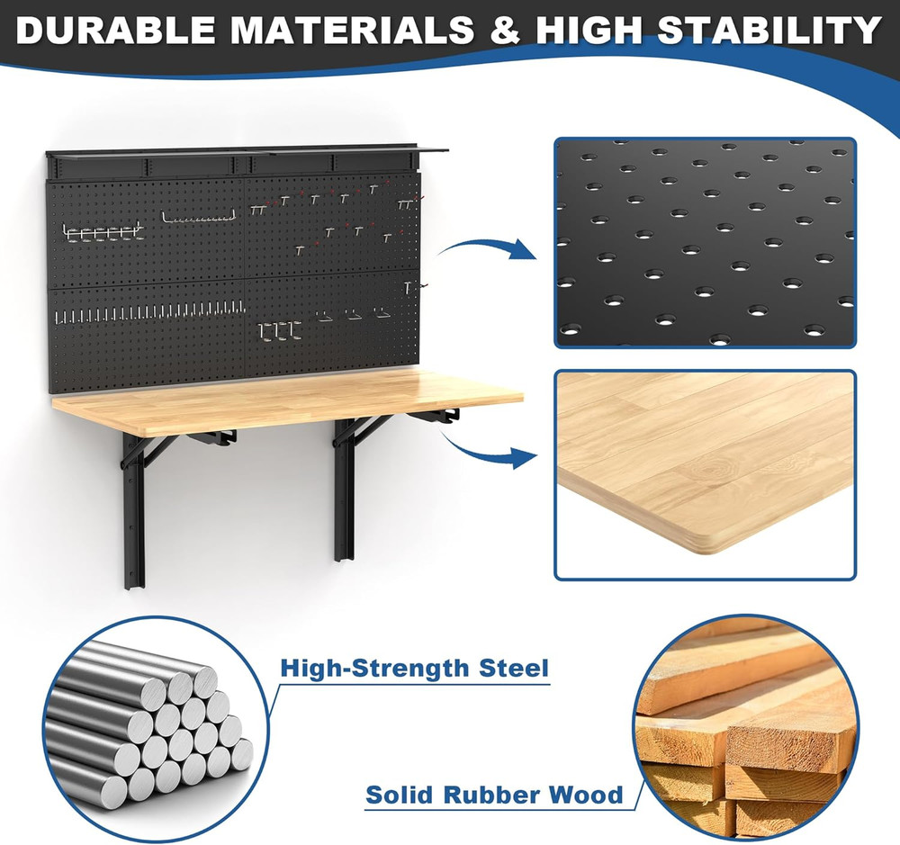 Folding Wall Mounted Workbench with Pegboard Organizer for Garage & Workshop