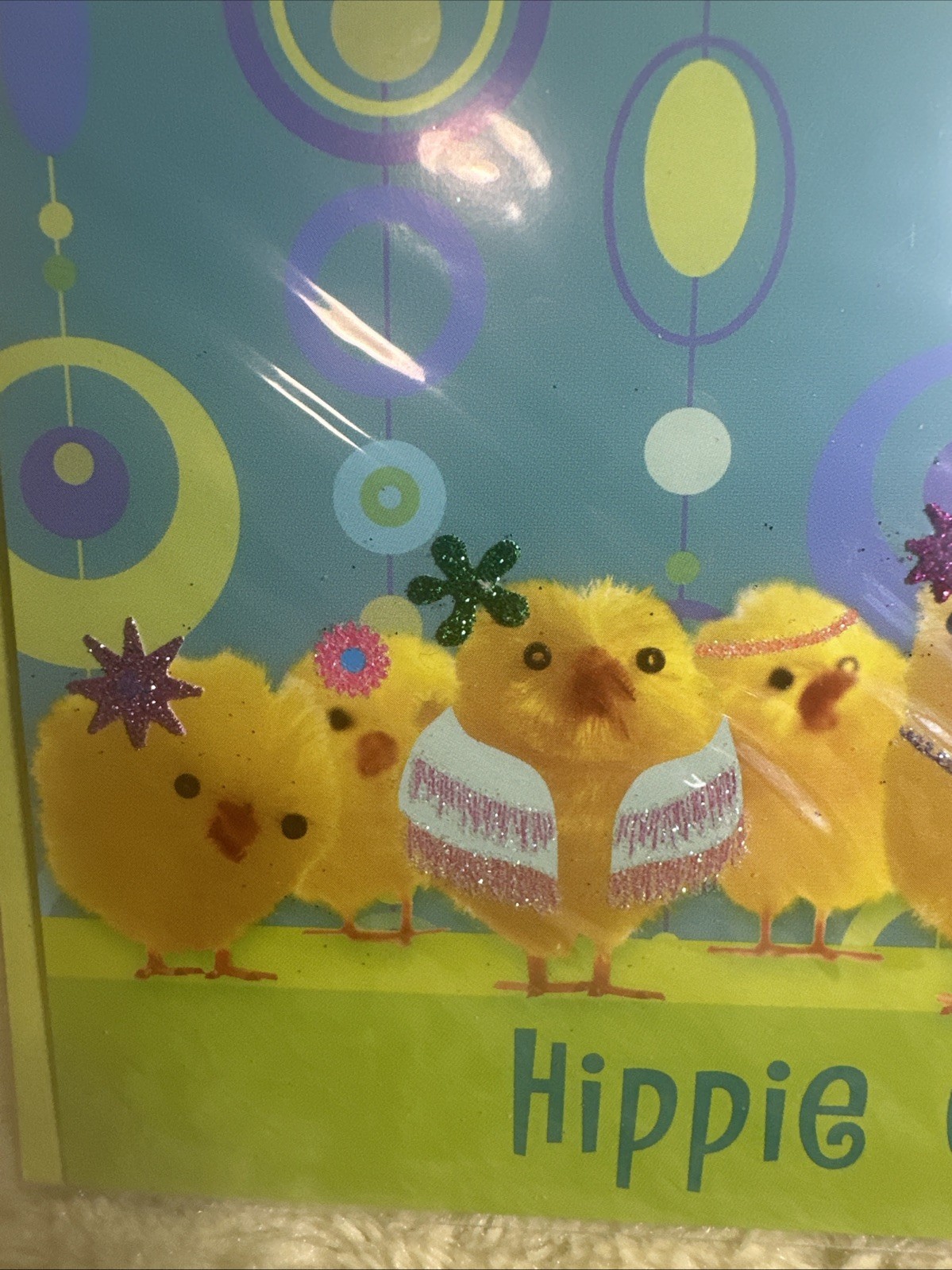 Papyrus Easter Card Hippie Chicks Peace Glitter Flowers Headbands Mod Groovy