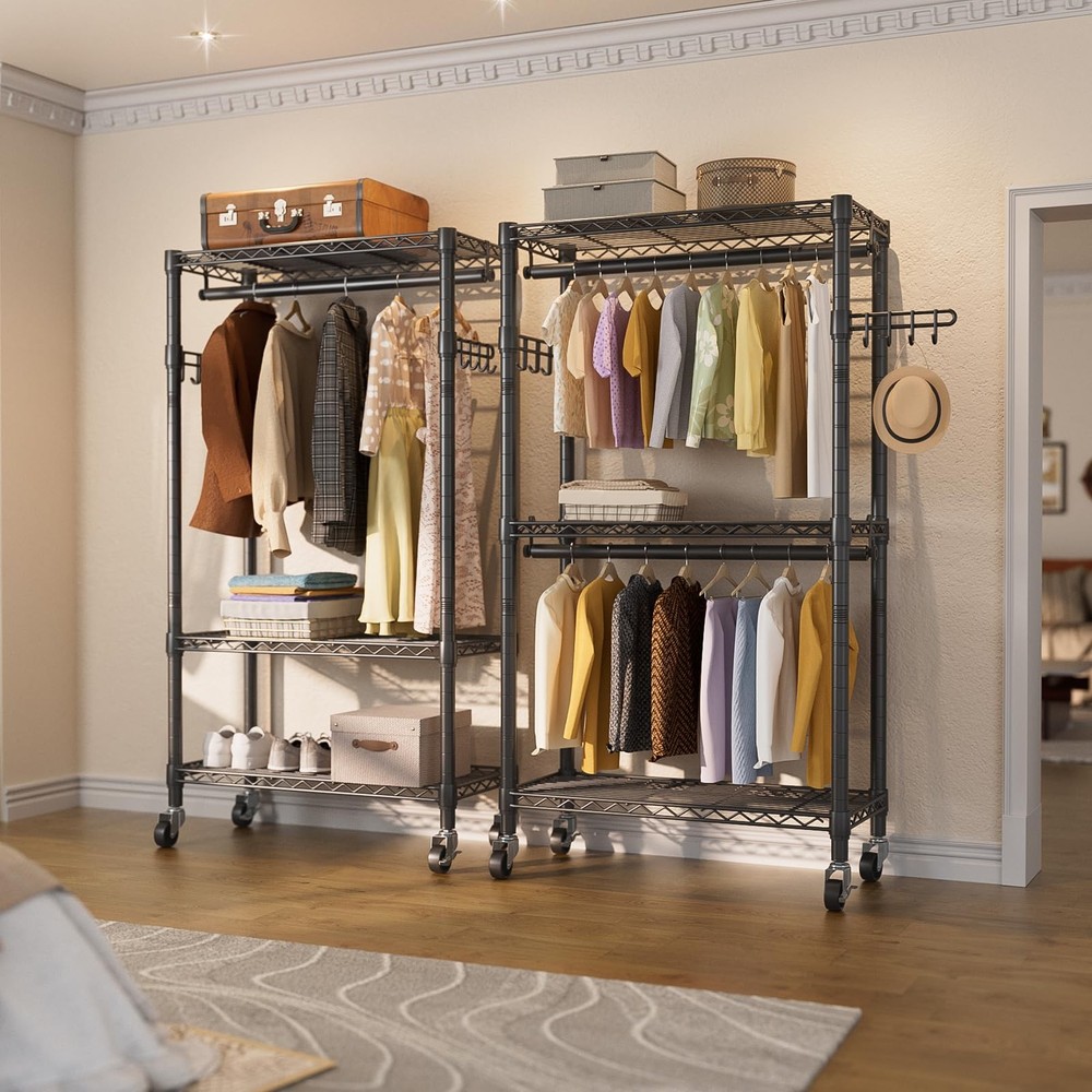 Heavy Duty Clothes Rack Rolling Garment Rack,3 Tier Adjustable Wire Shelving ...