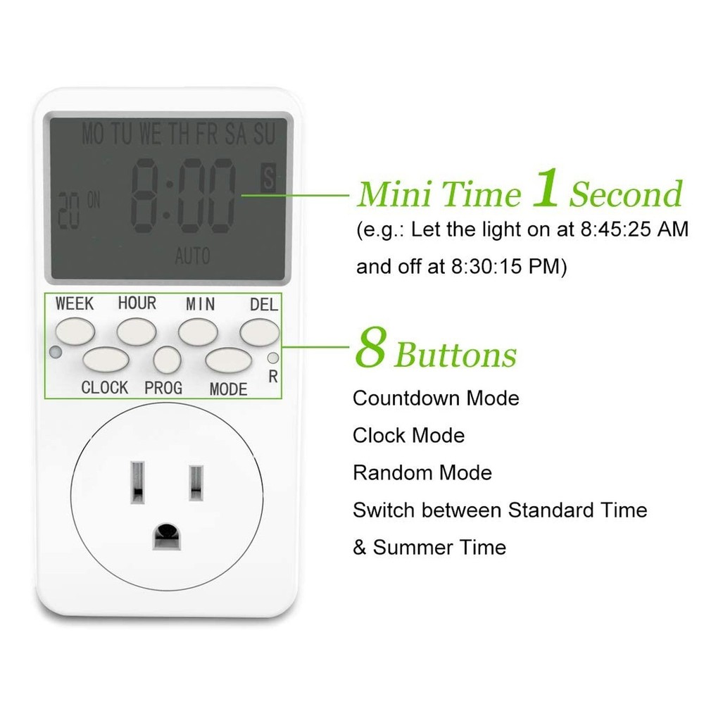 7-Day Programmable Digital Countdown Plug Timer for 110V AC, Energy-Saving In...