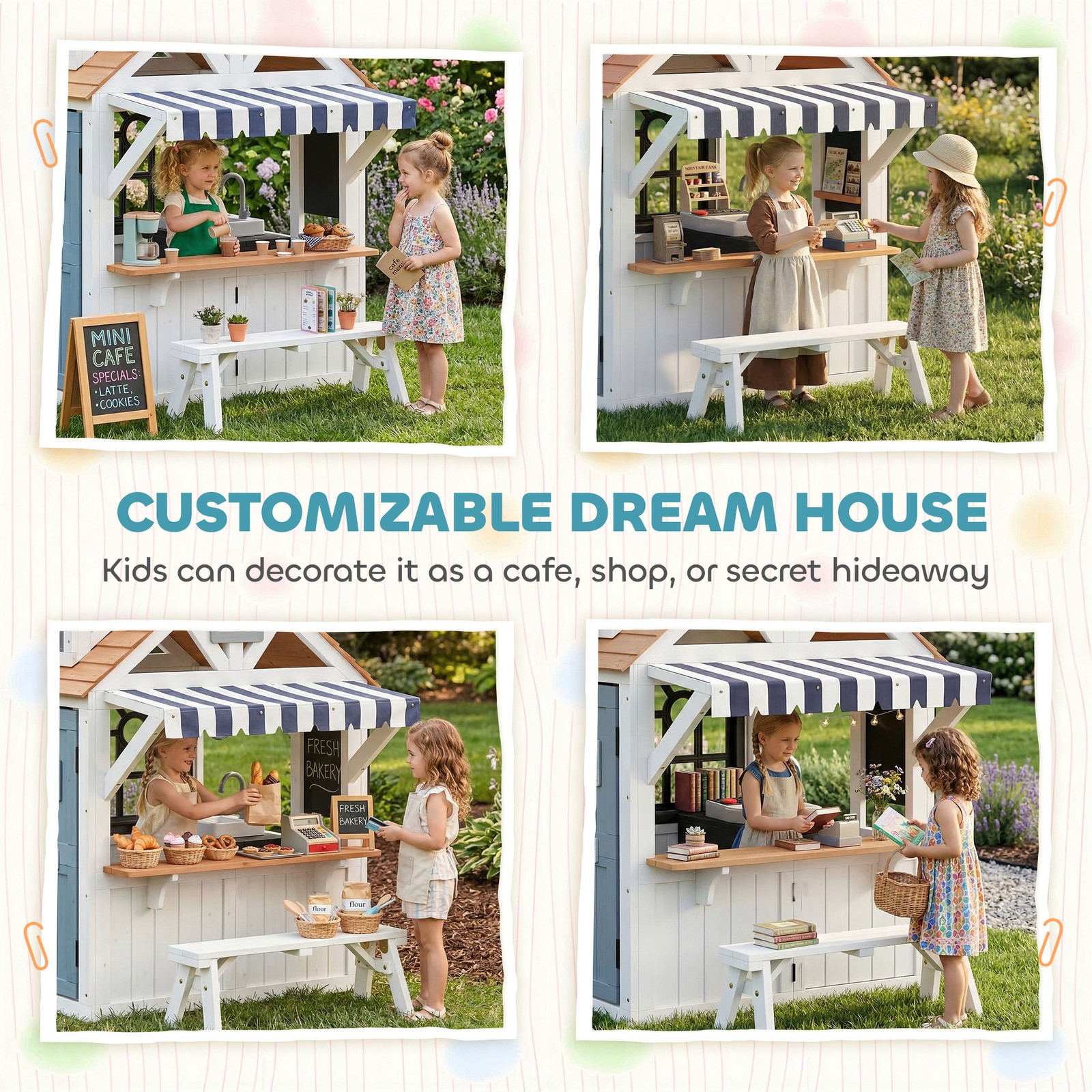 Qaba Outdoor Playhouse, Wooden Kids Playhouse with Dog Door for Garden