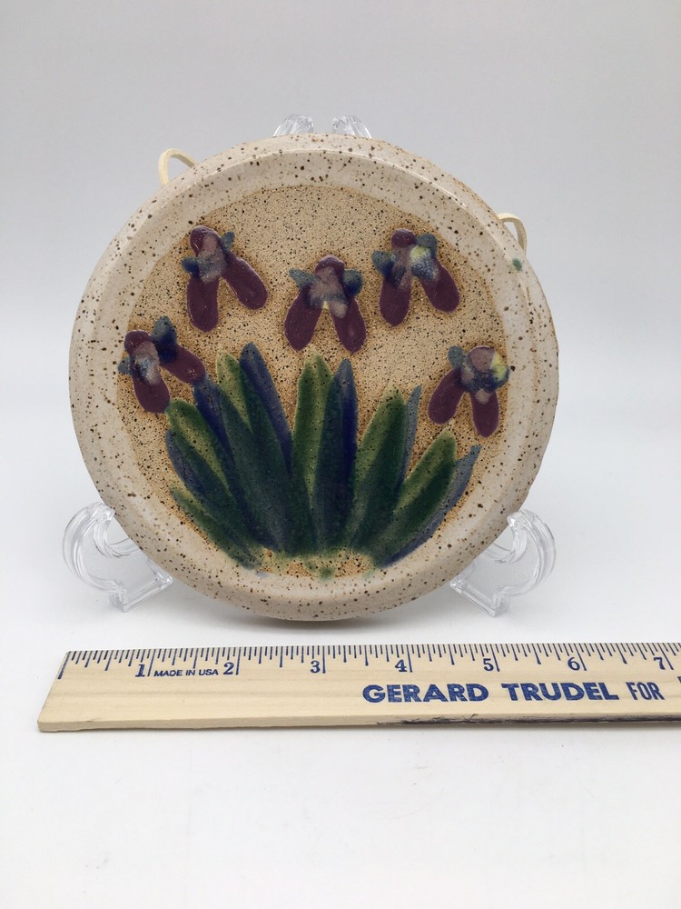 Studio Crafted Art Pottery Hand Painted Iris Wall Plaque Stoneware Signed