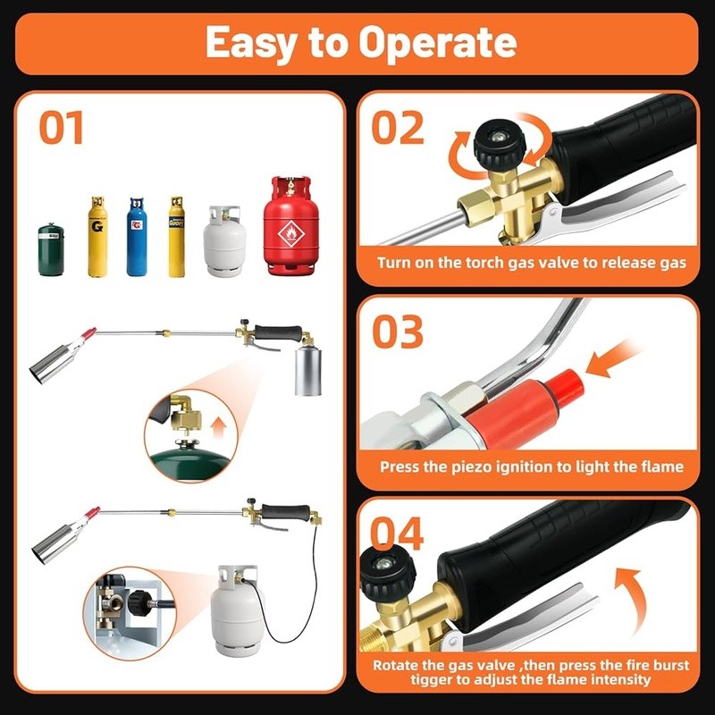 Powerful Propane Weed Torch Dual Modes Extra Long Hose Adjustable Flame Control