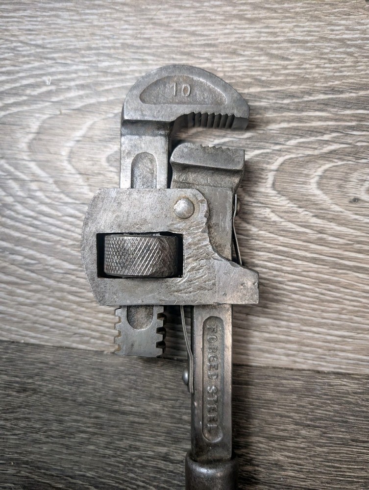 Antique Threadwell 10" Adjustable Pipe Monkey Wrench Wood Handle