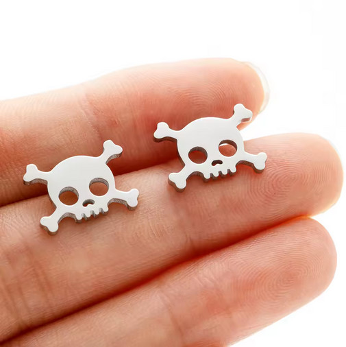 Tiny Stainless Steel Silver Colored Cute Skull and Bones Stud Earrings New