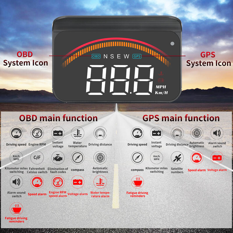 M11 Digital Speedometer Head Up Display OBD2 GPS -40℃ - +80℃ Warning Compass