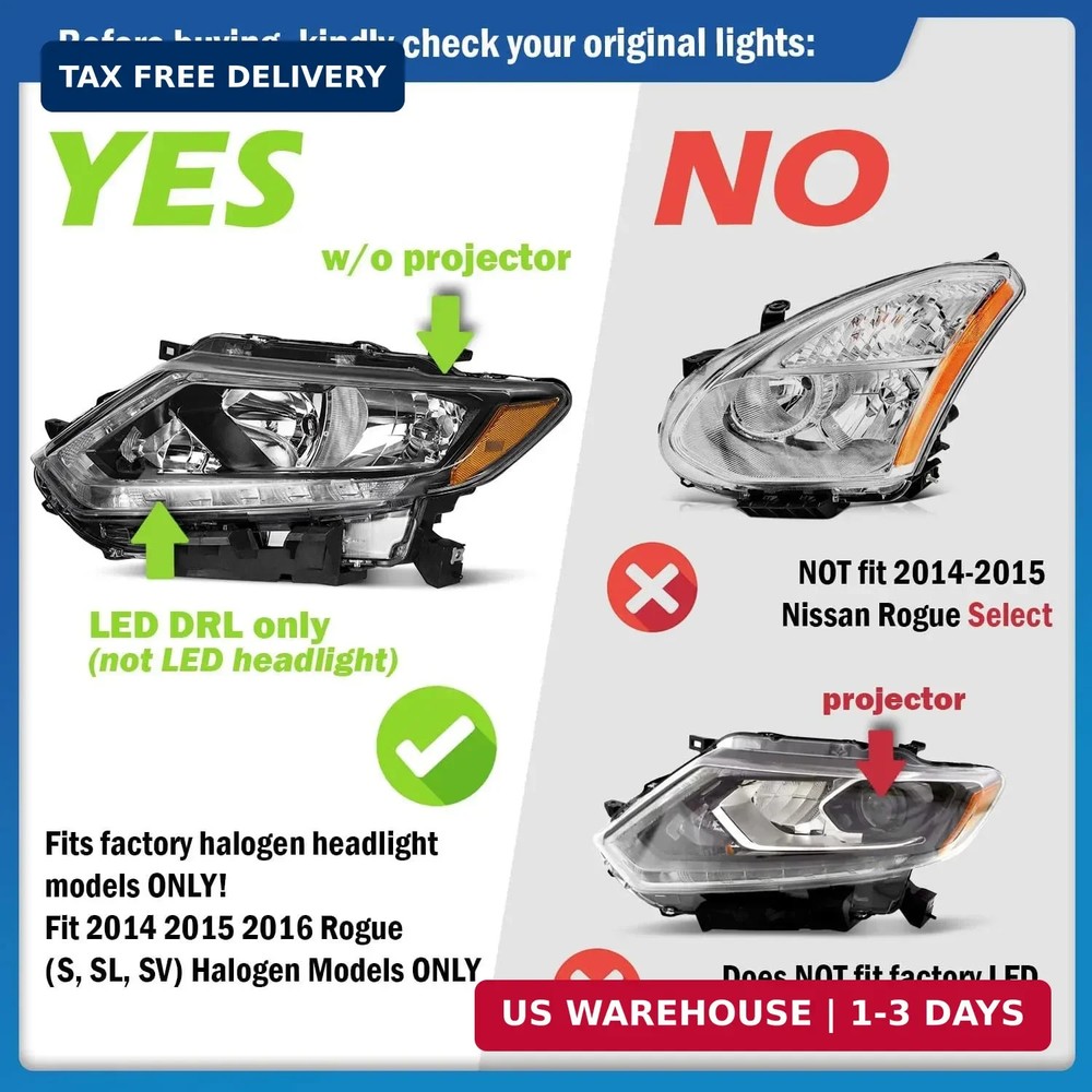 Halogen Headlights Assembly with LED DRL Strip for 2014 2015 2016 Rogue Headlamp