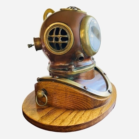 Antique Brass Copper Diving Helmet Maritime Quartz Clock Solid Wood Decor