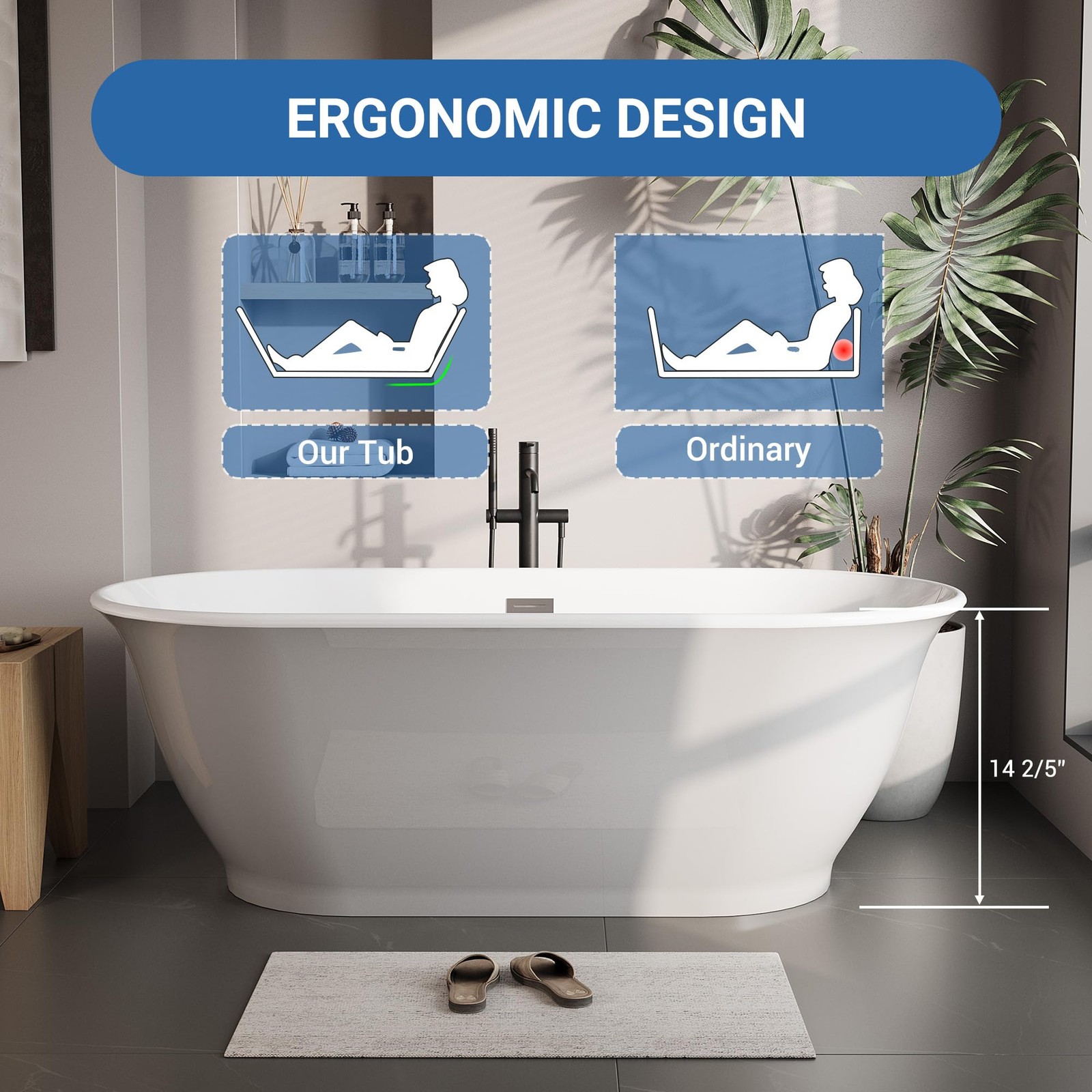 GarveeTech 67 in Freestanding Acrylic Bathtub, Luxury Oval-Shaped Soaking Tub.