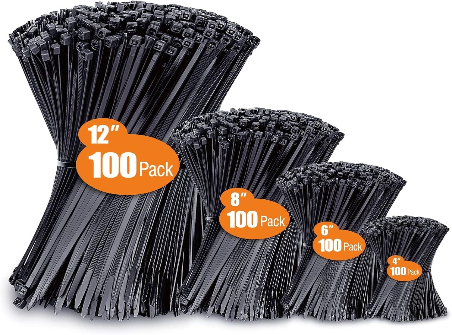 Zip Cable Ties Assorted Sizes(4”+6”+8”+12”) Heavy duty Nylon Black UV Resistant