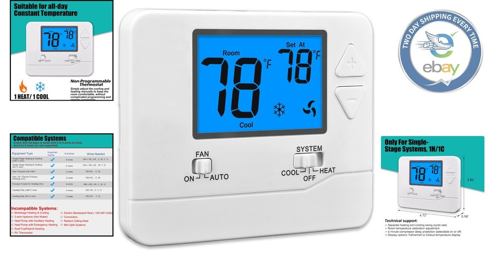 S701 Non-Programmable Thermostat with Blue Backlight for Single-Stage Systems