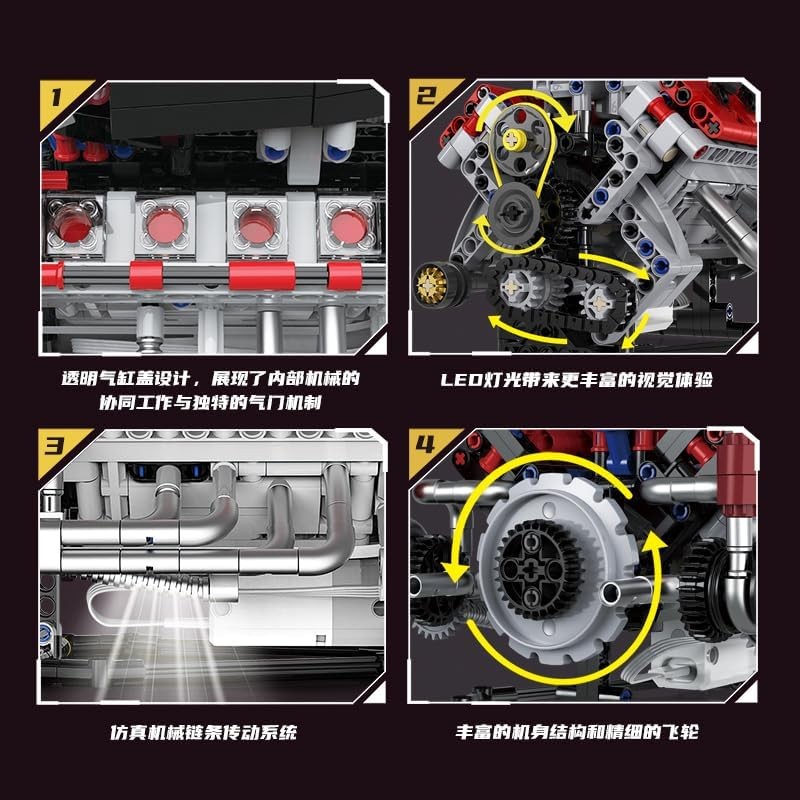 Mini V8 Engine Kits That Works Building Sets, 8-Cylinder Model Technic with Moto