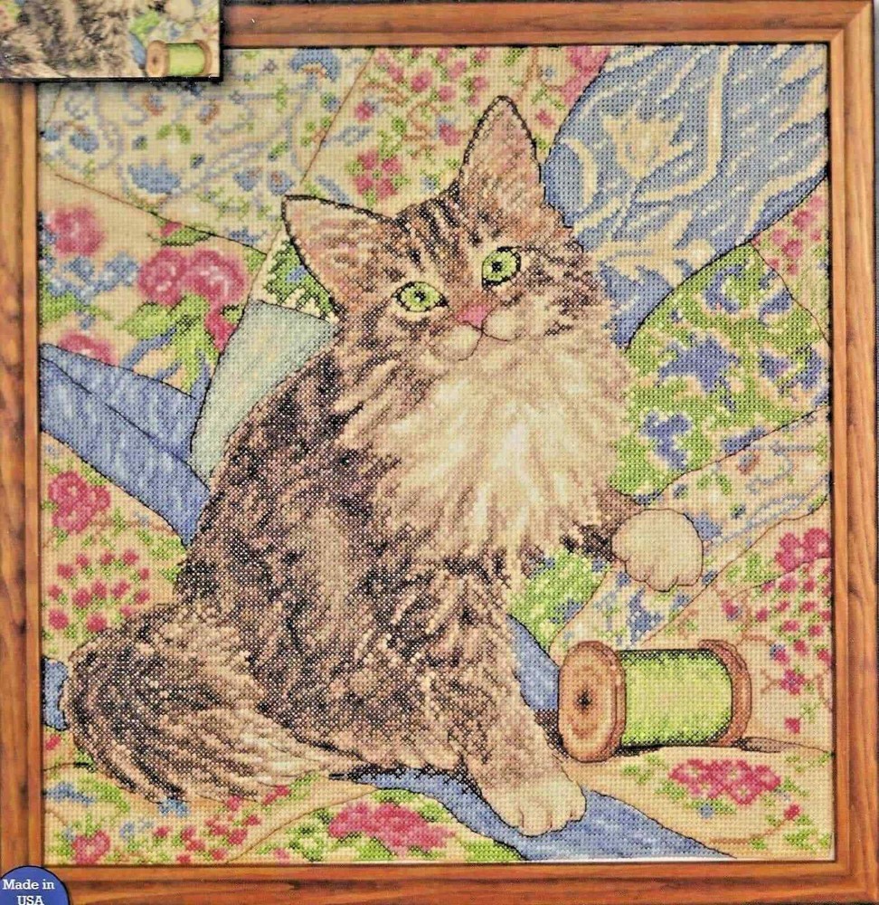 GREY TABBY CAT & PATCHWORK QUILT CROSS STITCH KIT by DESIGN WORKS