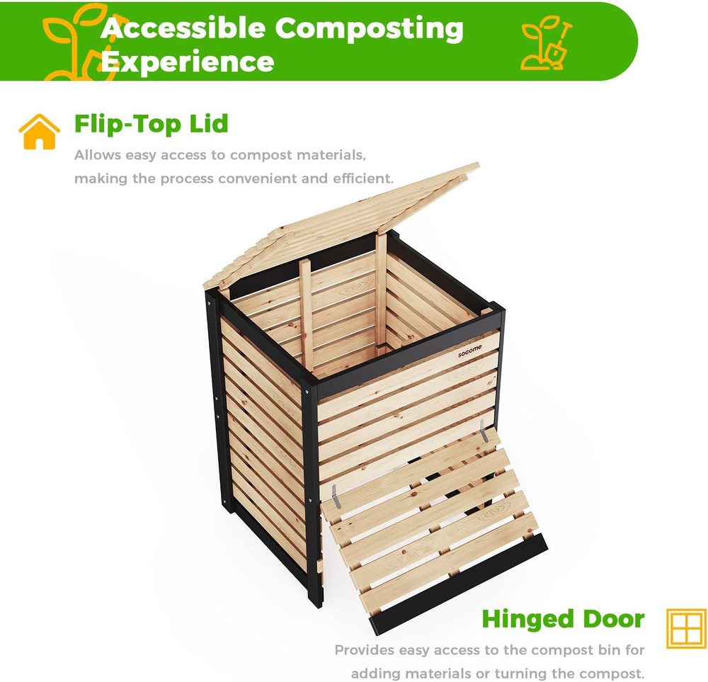 130 Gallon Solid Wood Composter, Outdoor Compost Bin with Pull-Out Door, Heavy D