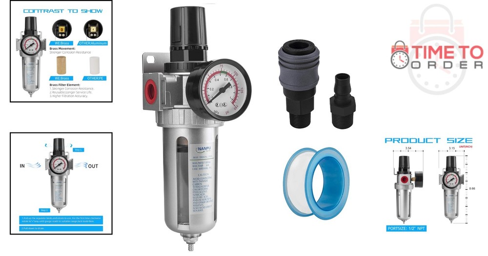Compressed Air Filter Regulator Combo 1/2" NPT Water Separator Gauge Kit