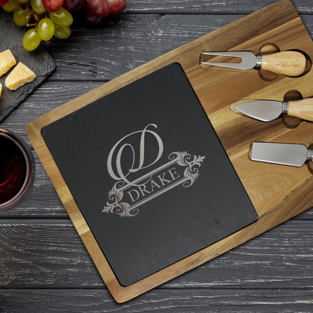 Custom Engraved Rectangle Cheese and Serving Board, Acacia and Slate