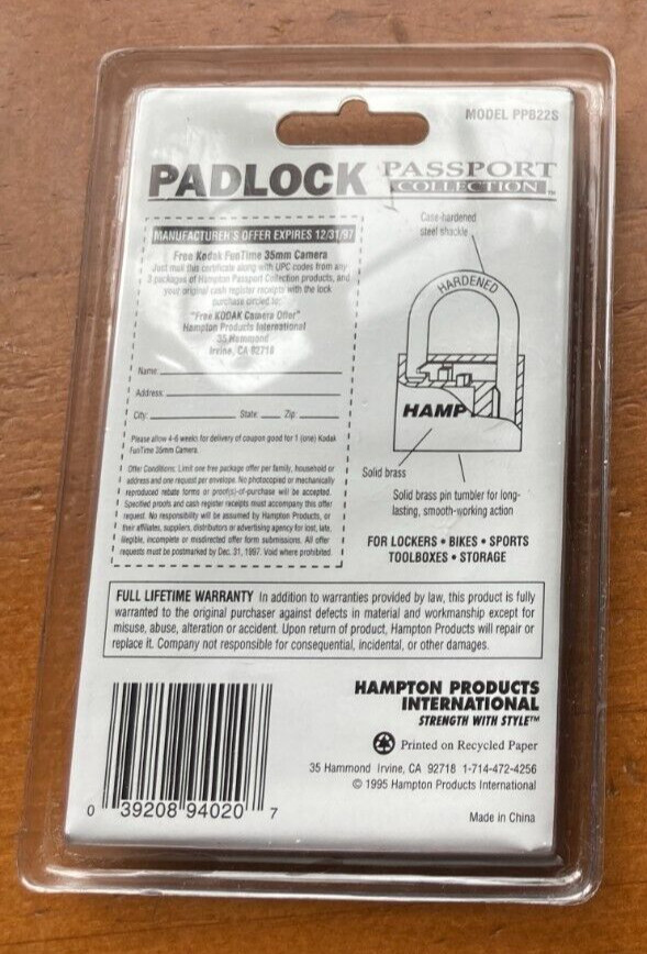 Hampton 1995 Passport Collection 3/4" SOLID BRASS Padlock 2 Keys 2 Locks NEW