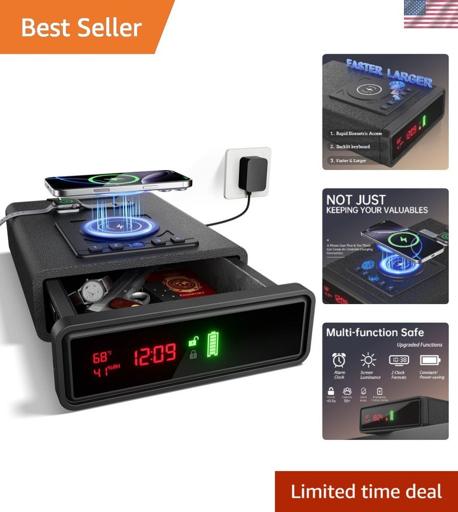 Biometric Smart Gun Safe with Wireless Charging, 3 Quick Access Money Box wit...
