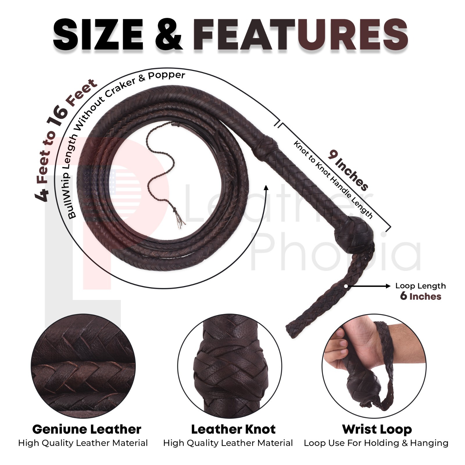 RealLeather Bullwhip 4–16 Foot 16-Plait Handmade Dark Brown Functional Bull whip