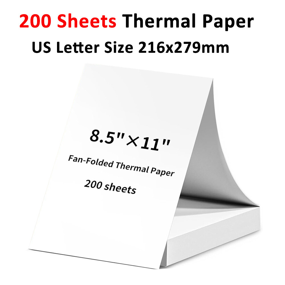 200 Sheets 8.5" x 11" Thermal Printer Paper US Letter Size Perforated Folded