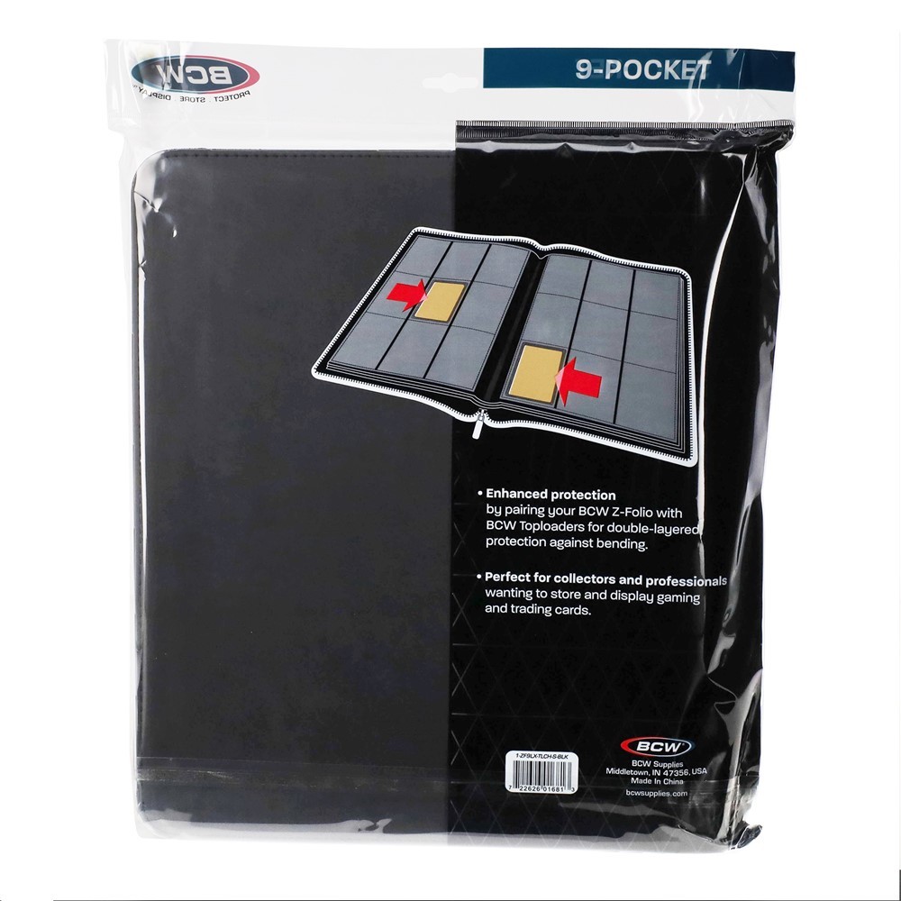 BCW Z-Folio 9 Pocket Card Toploader Black LX Leatherette Zippered Storage Album