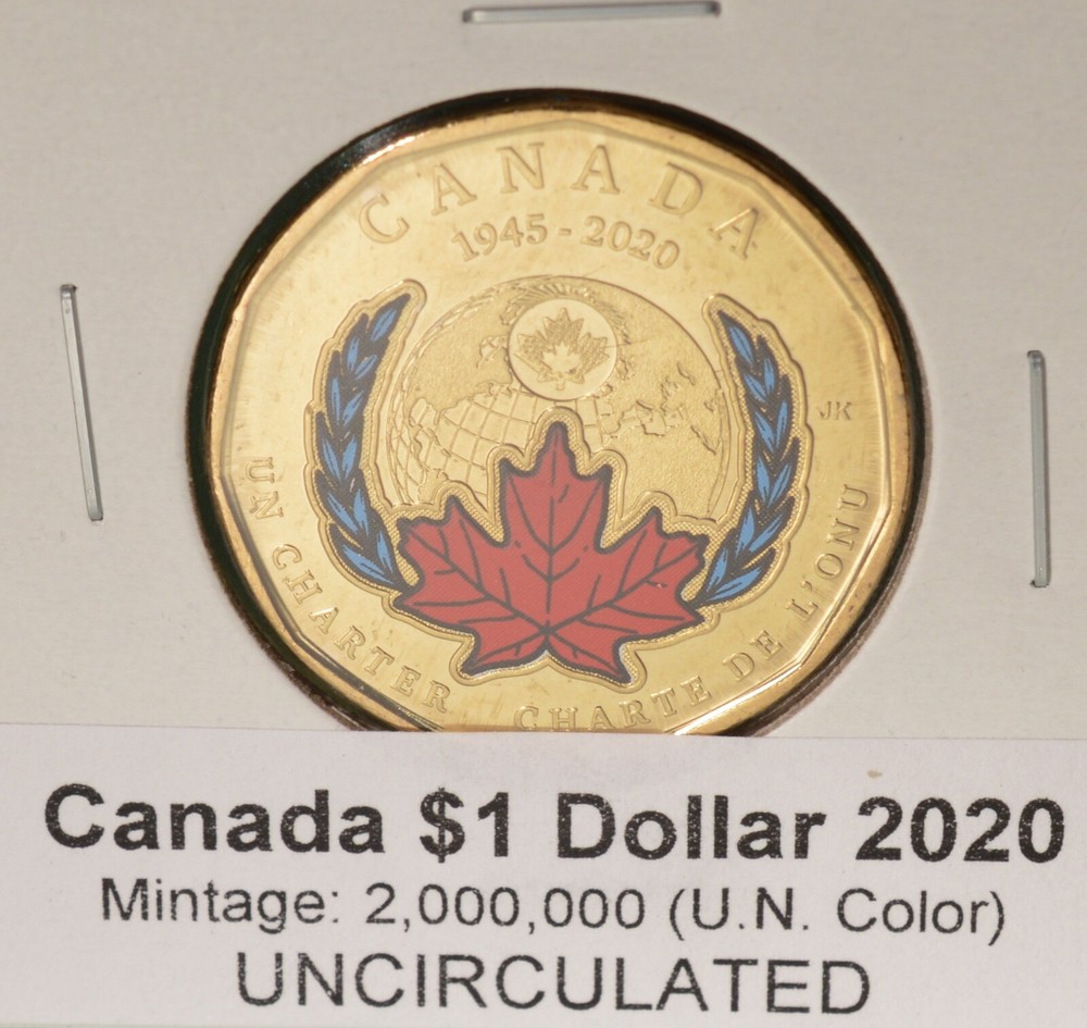 2020 Canada Loonie - U.N. - COLORED - BU UNC - from mint roll 🇨🇦🇨🇦