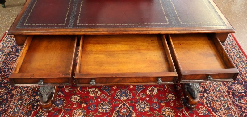 Theodore Alexander Mahogany Leather Tooled Rams Head Vanity Dressing Table