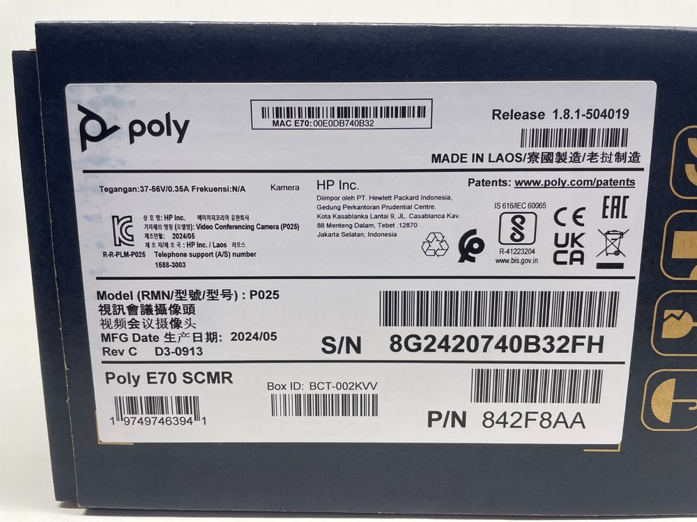 HP Poly Studio E70 SCMR P025 Smart Video Conferencing Camera 842F8AA No Mounts