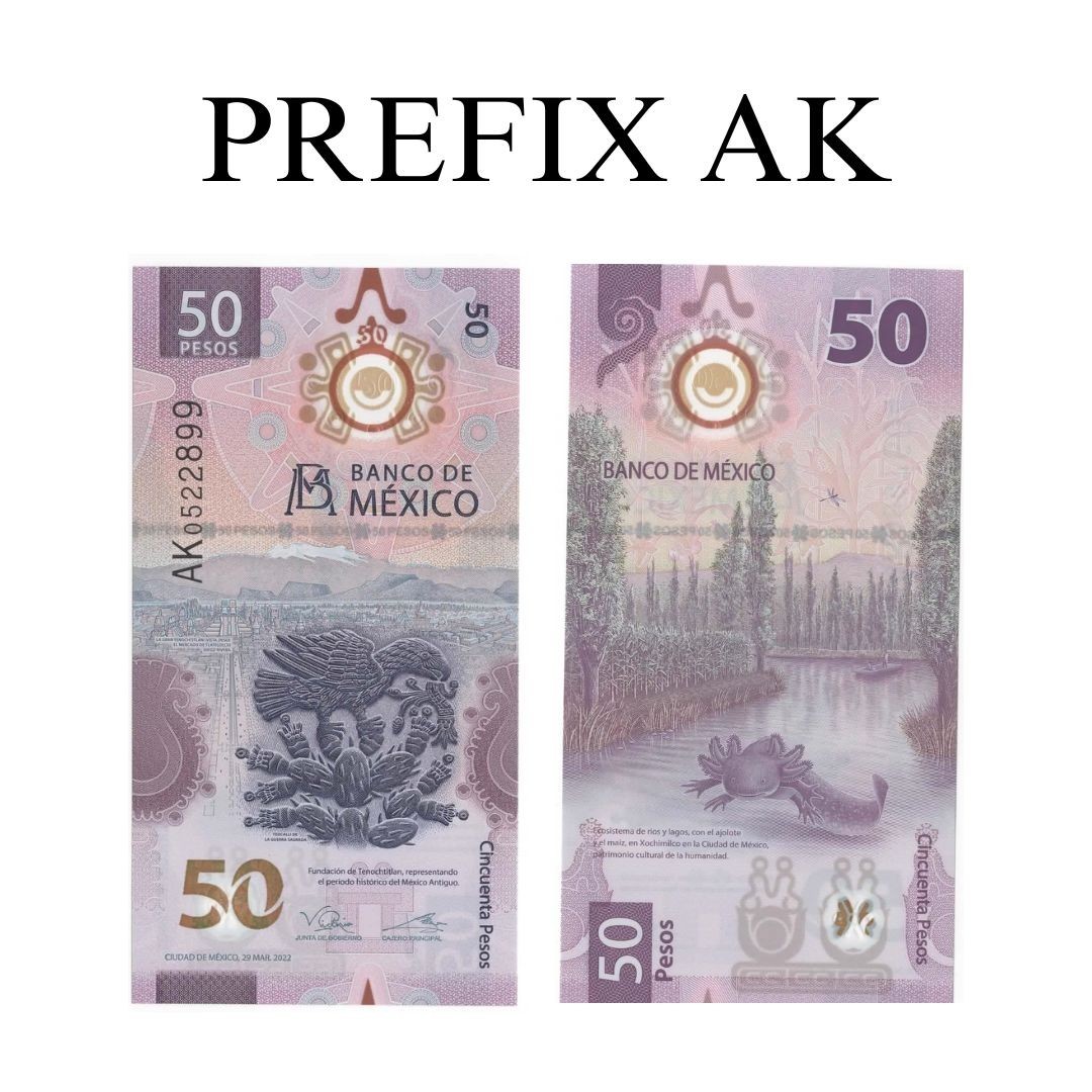 50 PESOS BILL MEXICO AXOLOTL UNCIRCULATED PREFIX AK - BILLETE DE 50 PESOS