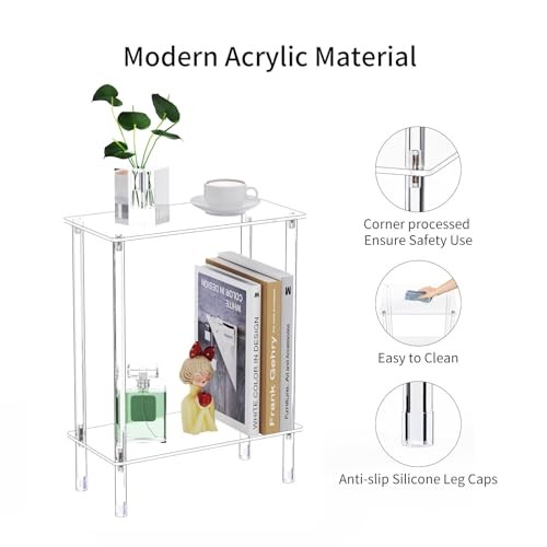 Clear Acrylic Narrow Side Table for Small Spaces, 2 Tier Rectangle 1-Pack